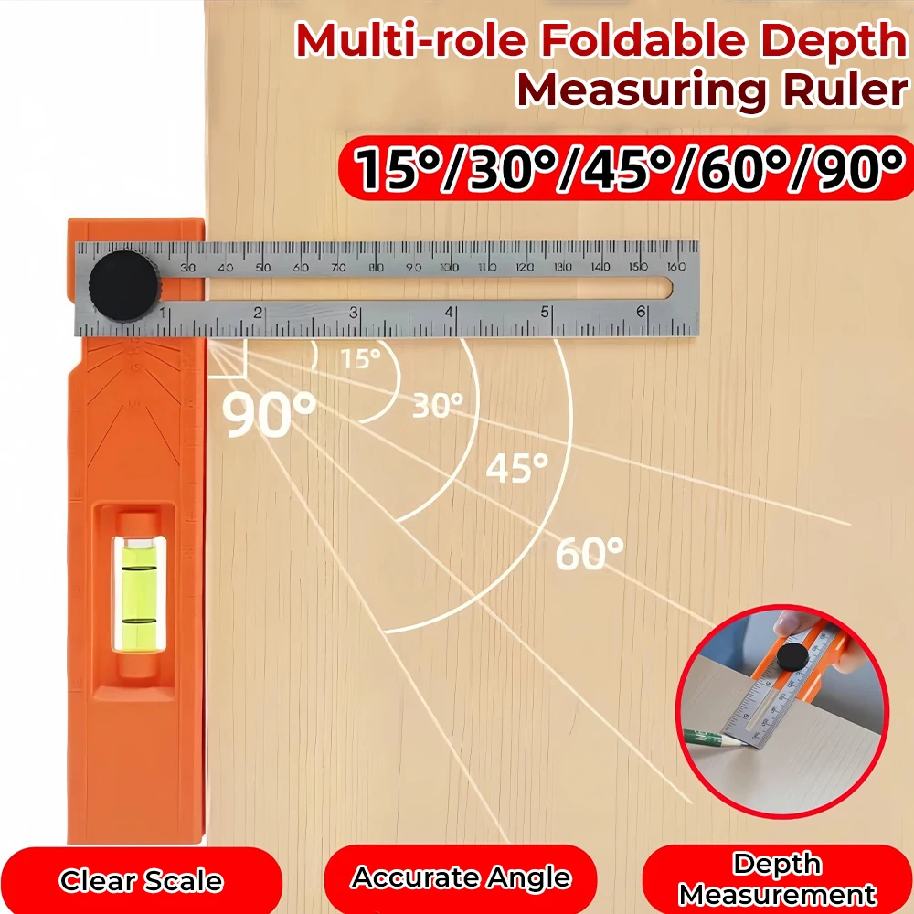 Multi-role Foldable Depth Measuring Ruler Woodworking Multi-angle Marking Ruler Adjustable Positioning Scribing Protractor Tools