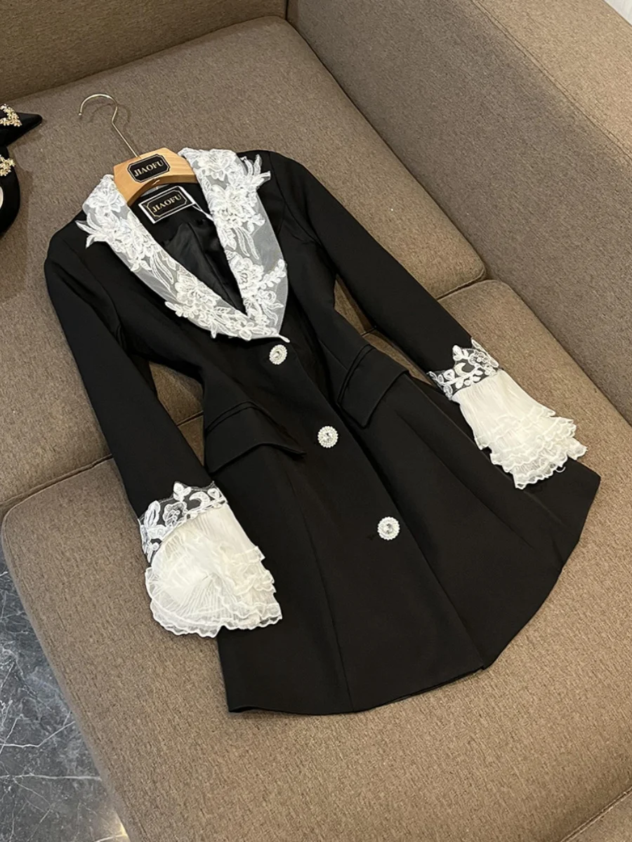 

Новинка 2024, костюм с кружевной отделкой и тяжелой вышивкой, пальто, женский костюм Bell Sve Jaet для поездок на работу, средней длины, чистый цвет