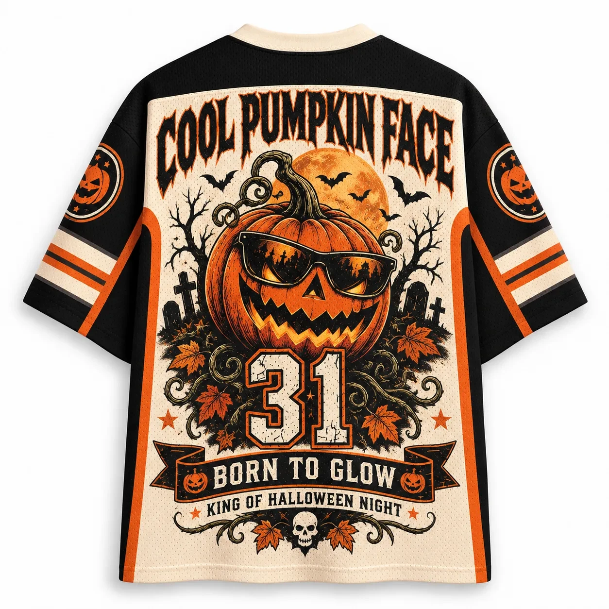 Vintage Grunge Halloween Jersey, Jack-o'-lantern Cool Pumpkin Bat Graveyard 3D Print V-Neck Unisex Streetwear for Trick or Treat