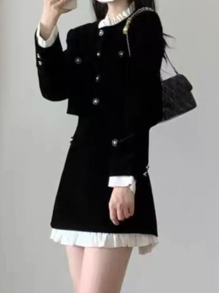 Elegant Black Velvet Two-piece Skirt Sets Long Sleeve Cropped Top Bodycon Mini Skirt Ruffles Korean Fashion Autumn Spring Outfit