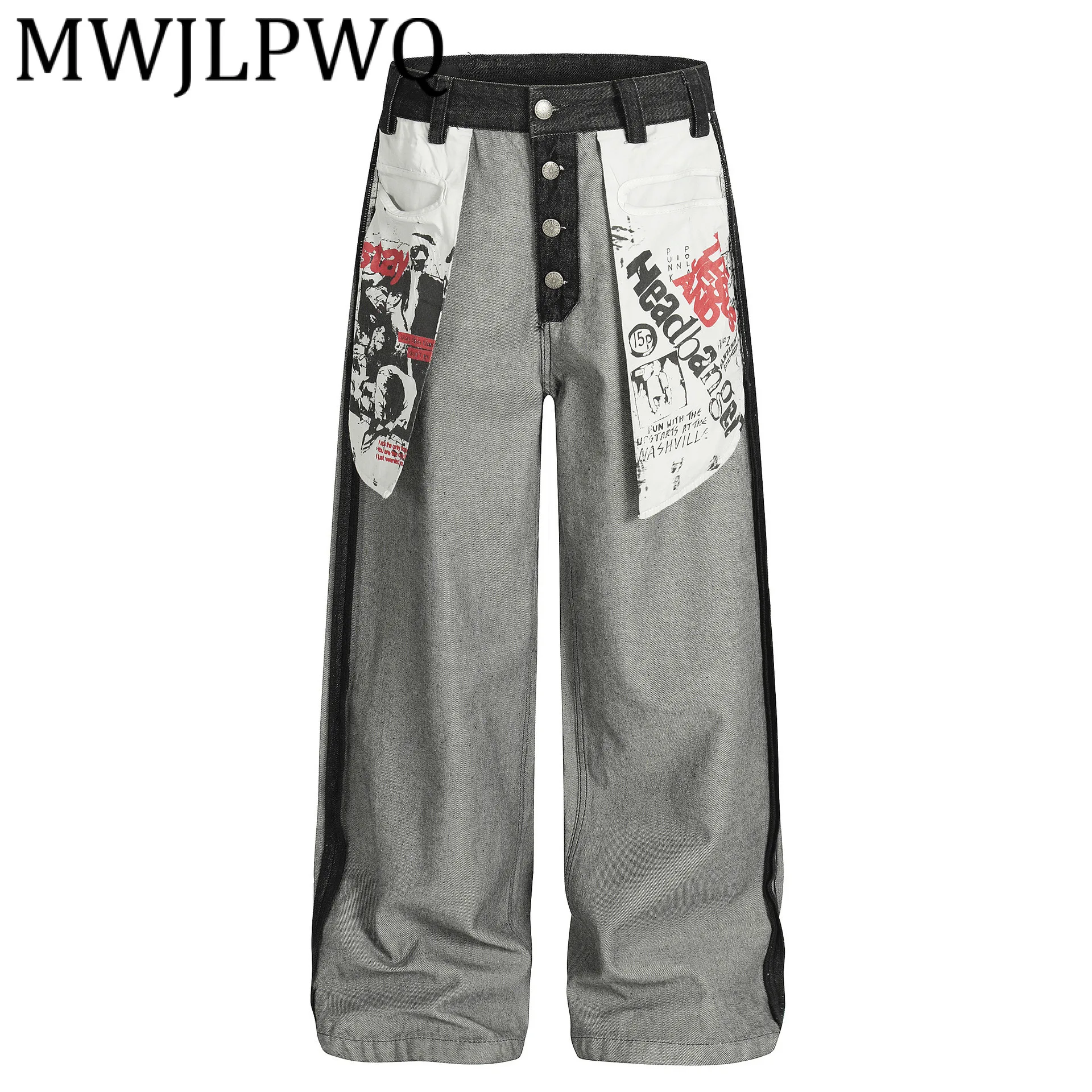 

MWJLPWQ Модные американские брюки High Street со сращенными нашивками, свободные повседневные брюки с индивидуальным карманом и принтом 21666