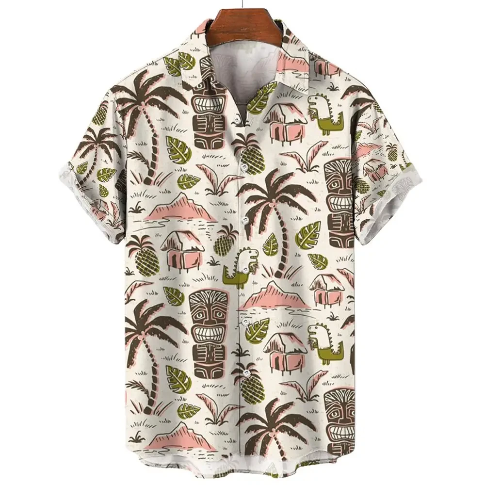 Hawaii Men's Shirt Tiki pattern 3D Printed Tops Summer Fashion Holiday casual shirtShort Sleeves Shirts Lapel Button Streetwear