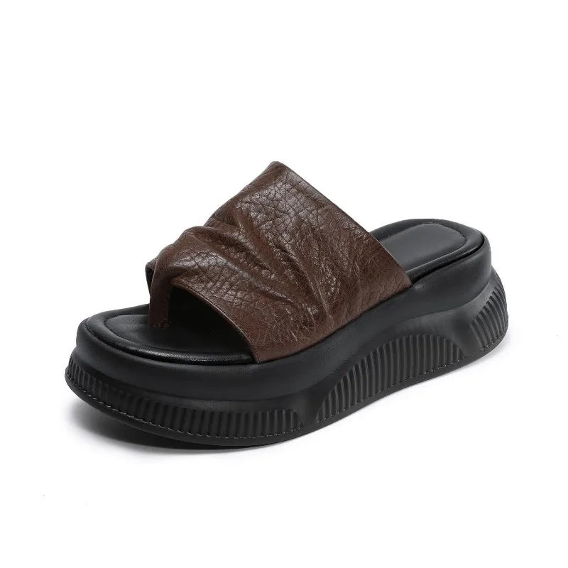 6cm Cow Genuine Leather Flats Platform Wedge Sandals Flip Clip Toe Shoes Women Boots Ethnic Mary Jane Flip Toe Slipper