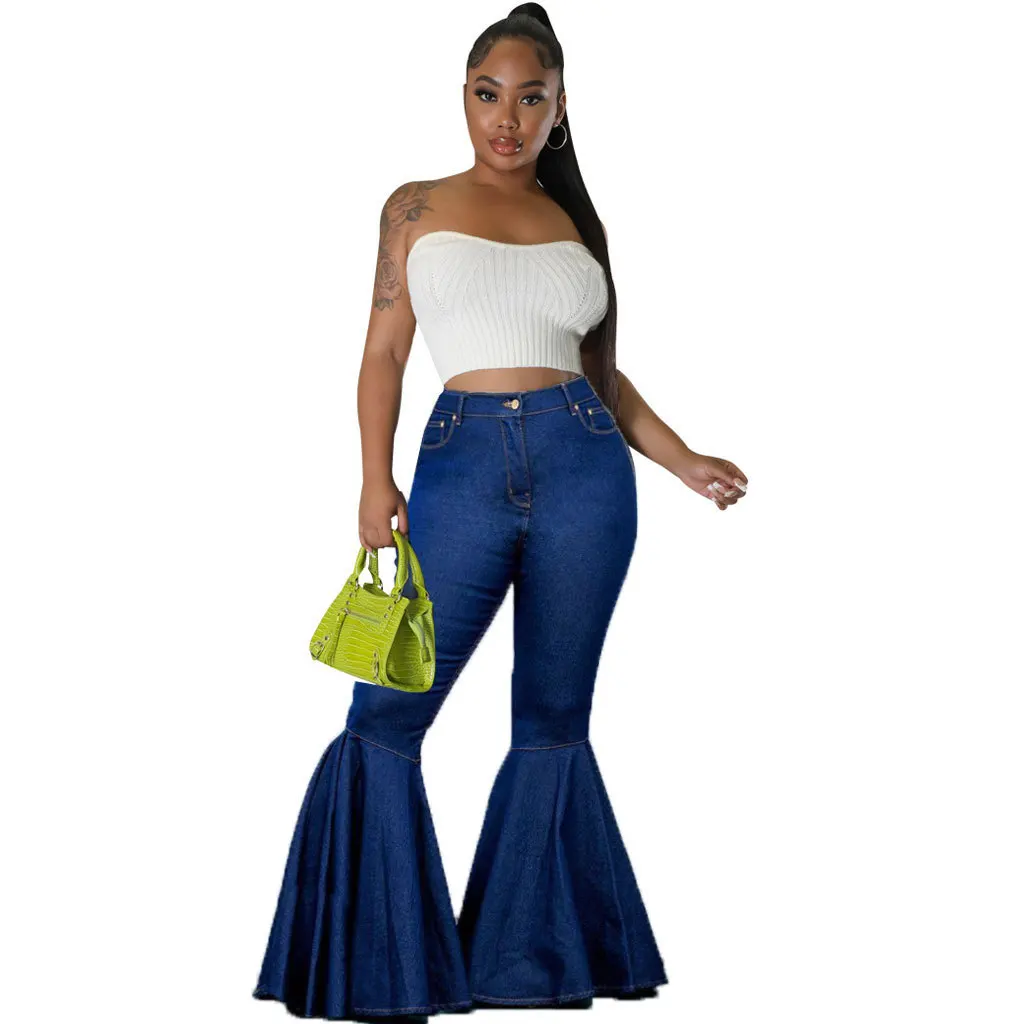 Hot Selling Denim elastische Slim Fit Tasche mit großem Gesäß und ausgestellten Damen hosen im Jahr 2024