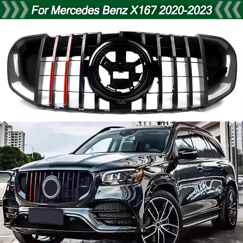 MAGICKIT Front Bumper Grille Gloss Black+Carbon Fiber Pattern+Red Fins Fit FOR Mercedes Benz GLS X167 2020-2023 CAR Accessories