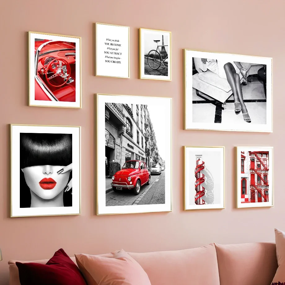 Red Vitage Car Black White Paris Fashion Gril Wall Art Canvas Painting Living Room Decoration Posters And Prints Wall Pictures