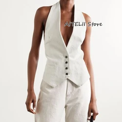 Summer Sleeveless Vests for Women Vest White 2023 Female V Neck Halter Waistcoat Single Breasted Fashion Style