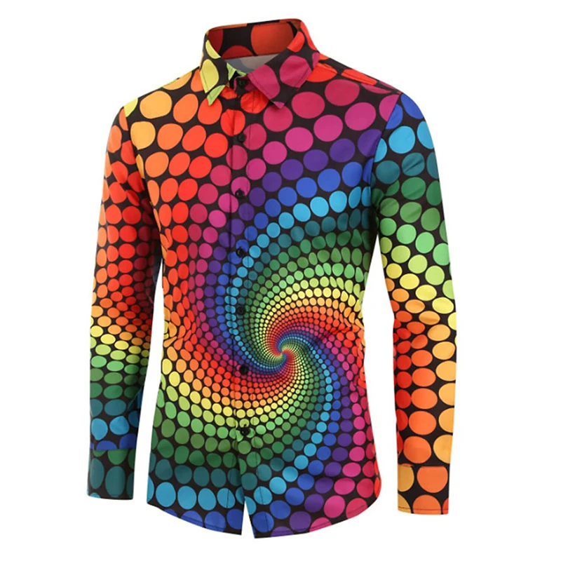 Digital Printed Optical Illusion Graphic Shirts For Men Long Sleeve Turndown Button-Down Retro Casual Shirts Blouse Streetwear