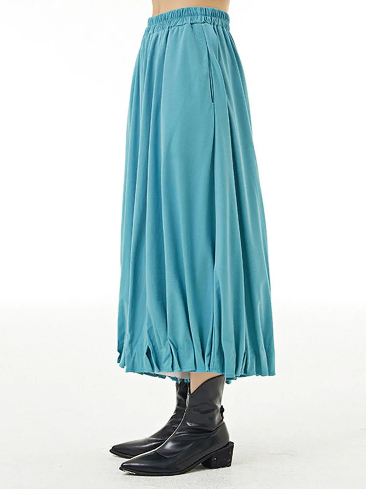 [EAM] High Elastic Waist Blue Green Casual Pleated Bud Half-body Skirt Women Fashion Tide New Spring Autumn 2024 1DH6541