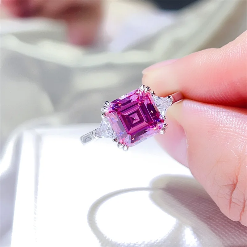Fashion & Grand Colored Diamond Asscher Cut Three-Stone Ring For Women 3ct Moissanite PT950 Platinum | Versatile, full of aura