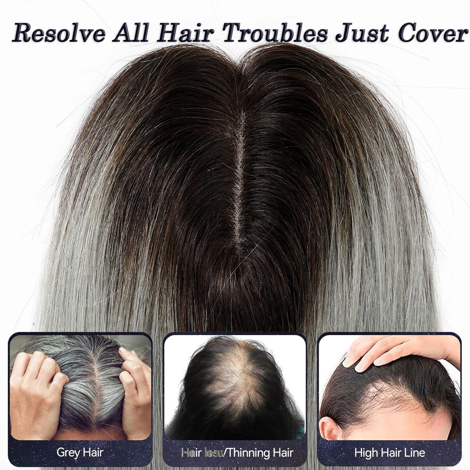 Black to Gray Ombre Hair Topper For Women 100% Remy Human Hair Topper 12in Middle Part Straight Human Hair Topper With Clips