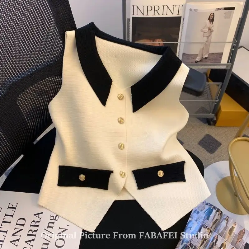 

Korejpaa French Style Waistcoat Contrast Color Lapel Gold Buckle Vest Summer 2025 New Camisole Vests Layered Sleeveless Top