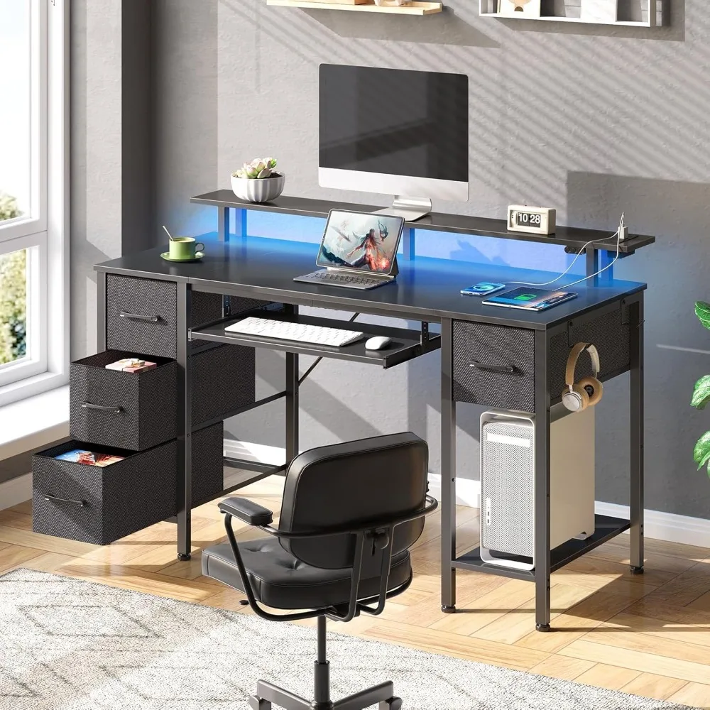 Computer Desk with LED Lights & Power Outlets, Home Office Desk with 4 Drawers, Writing Desk with Keyboard Tray