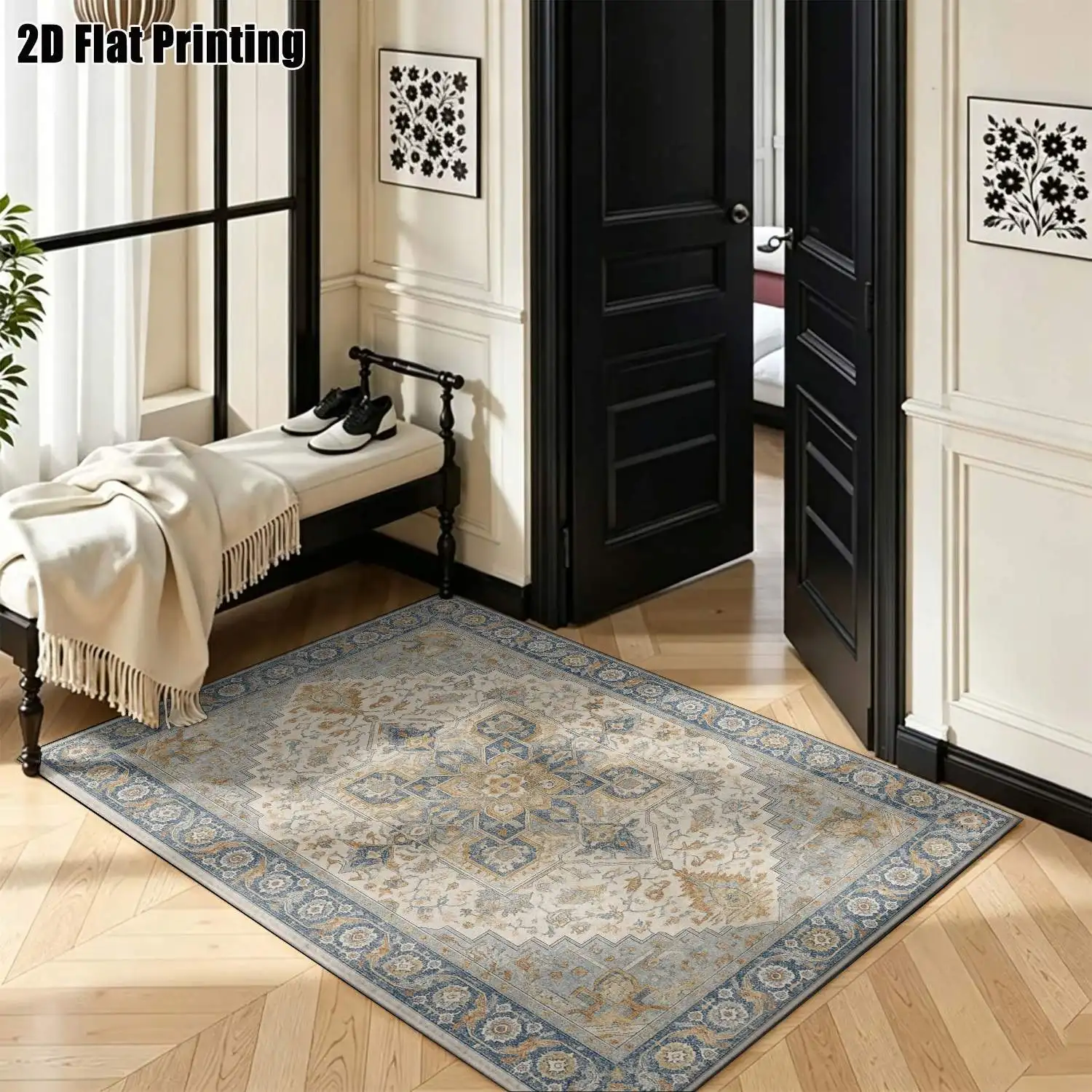 1Pc 2D Printed Carpet: Blue-Grey Retro Floral Pattern, European-Style, Fits Minimalist/Nordic Decor, Machine Washable, Multi-Size, for Home Decor & Various Scenes