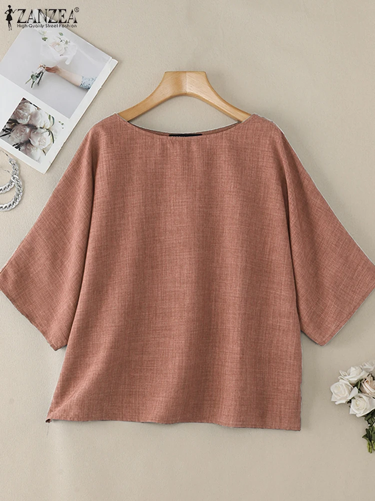 بلوزة نسائية غير رسمية من ZANZEA بأكمام 3/4 بلون سادة ورقبة قارب 2025 بلوزات صيفية فضفاضة للعطلات قطع علوية كلاسيكية