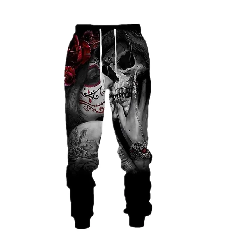 Pantaloni da jogging autunnali alla moda da uomo, pantaloni stampati in 3D stile punk da poker scheletro horror, pantaloni fitness casual da strada neutri Q0162