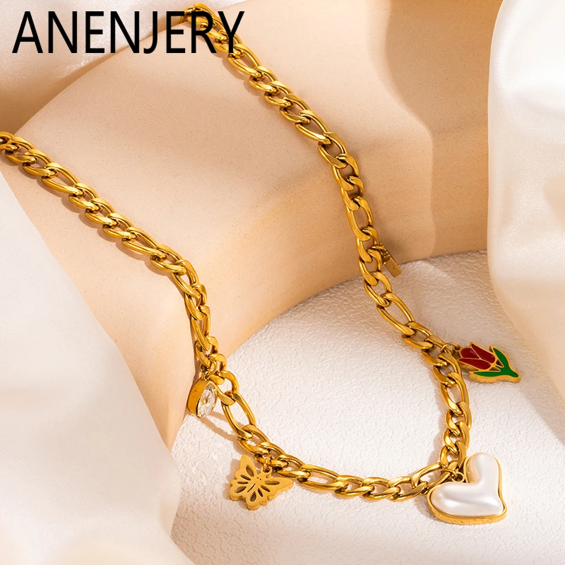 ANENJERY 316L Stainless Steel Eyes Butterfly Heart Double Layered Necklace for Women Bohemia Vintage Jewelry Gifts Wholesale