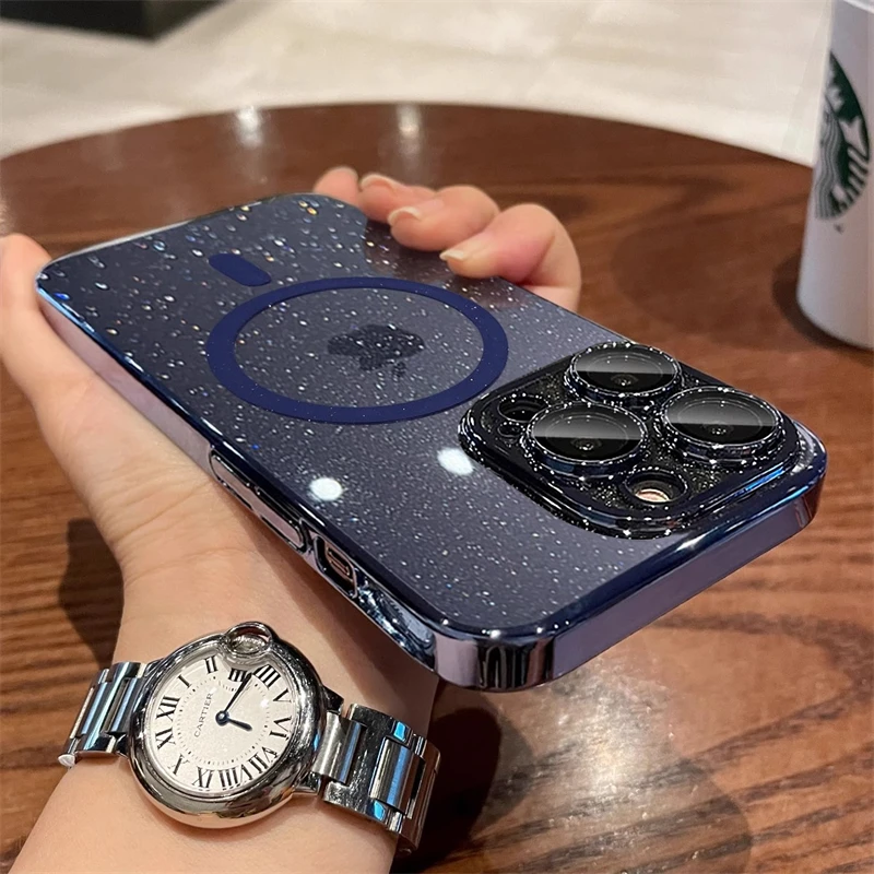 حافظة شحن لاسلكية مغناطيسية فاخرة لامعة لهاتف Magsafe لهاتف iPhone 16 15 14 Plus 13 12 Pro Max 11 غطاء رقيق من البولي كربونات الصلبة