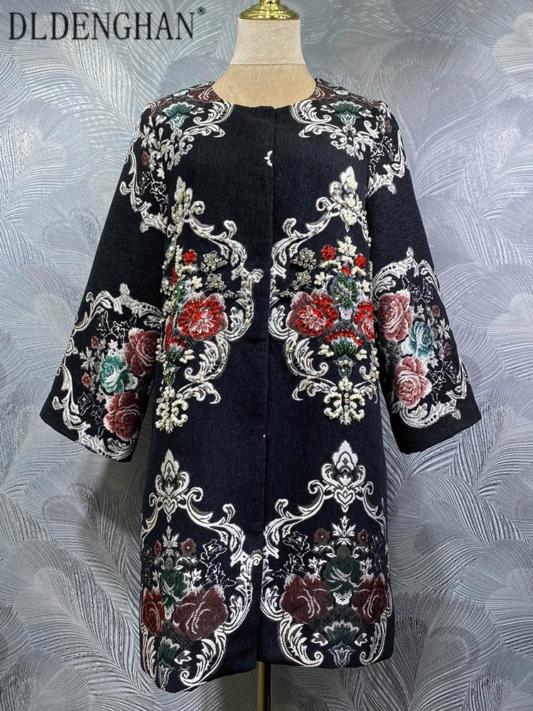 

DLDENGHAN Crystal Diamonds Concealed Button Coat For Women O-Neck 4/3 Sleeved Black Vintage Jacquard Outerwear Autumn Female