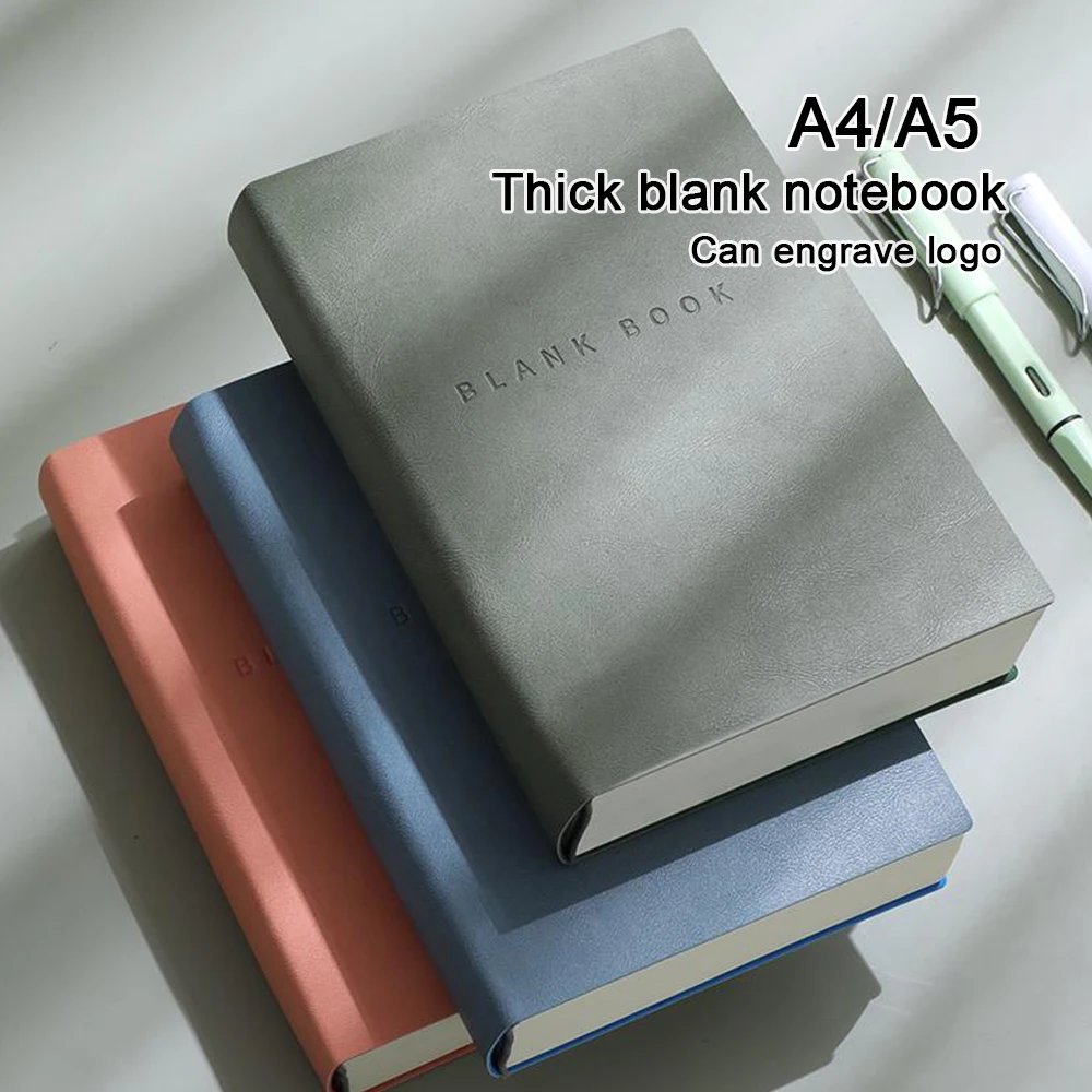 (Can Engrave Logo) A5 Thick Drawing Notebook With Blank Inner Pages, Student Leather Notepad, Business Meeting Minutes, Mind Map