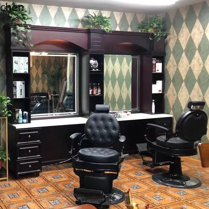 HT retro barber shop mirror table barber shop hair cutting solid wood mirror with lamp for men's hair salon