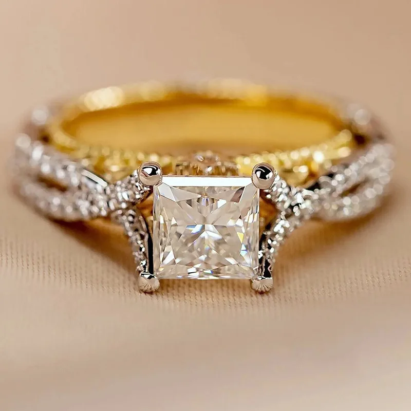 925 Sterling Silve Modern Fashion Princess CZ Two Tone Rings Luxury Bridal Wedding Unique Design Statement Jewelry for Women