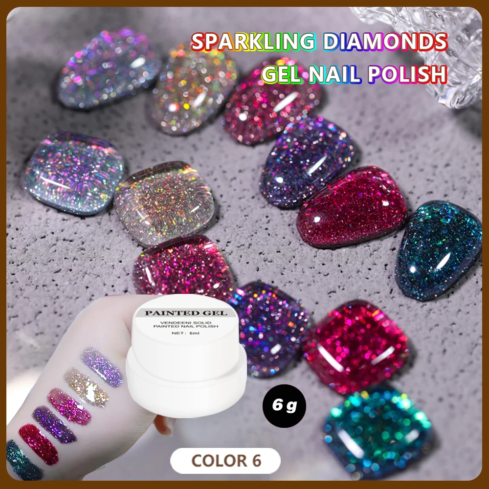 

Vendeeni 6 Color Glitter Broken Diamond Gel Nail Polish Sparkling Nail Art Gel Varnish Soak Off UV Nail Gel Lacquer