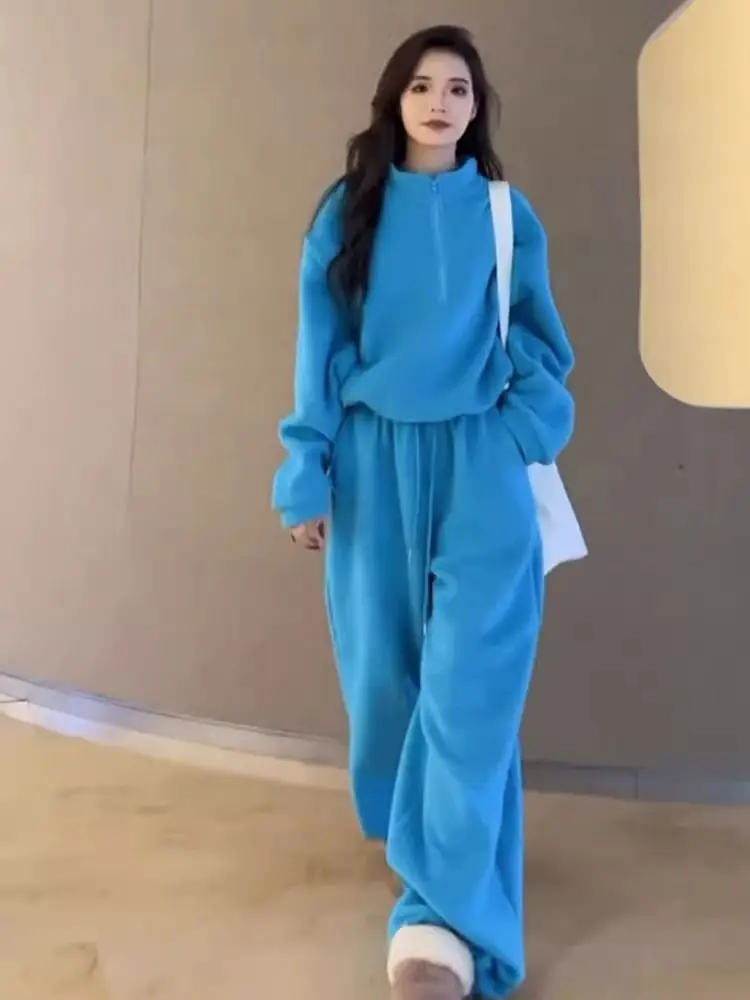 

Женский флисовый спортивный костюм, зима 2025 года, короткая толстовка с широкими штанинами, утепленный термобелье