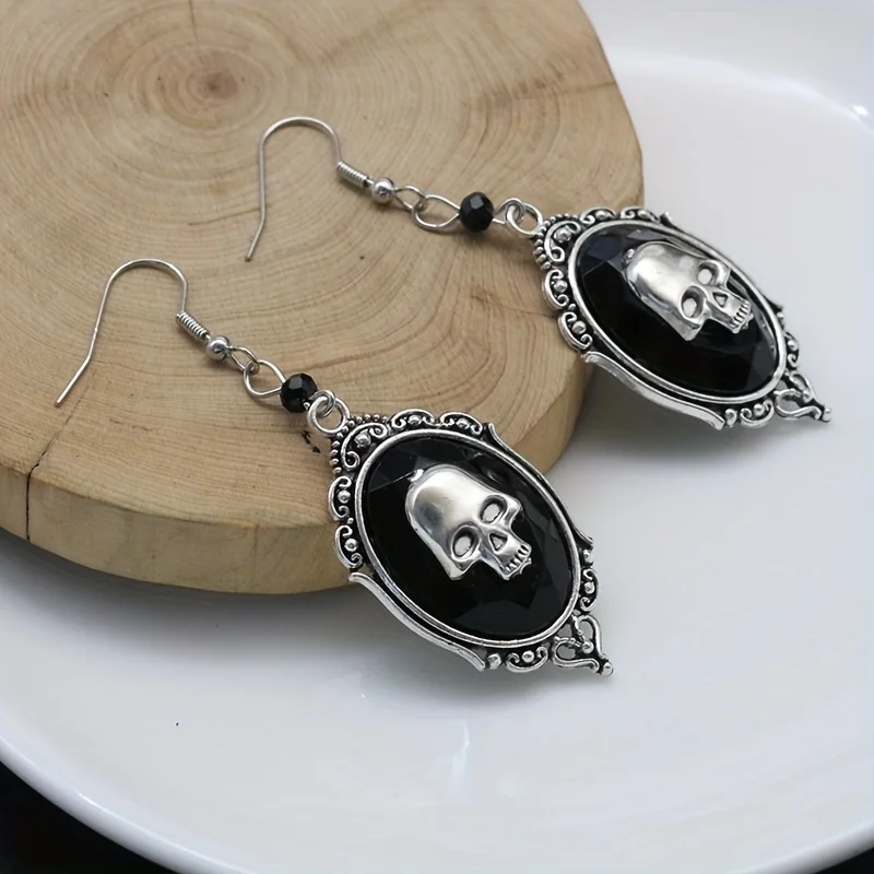 Oval Shape With Skull Pattern Black Dangle Earrings Hip Hop Style Alloy Jewelry Halloween Accessories