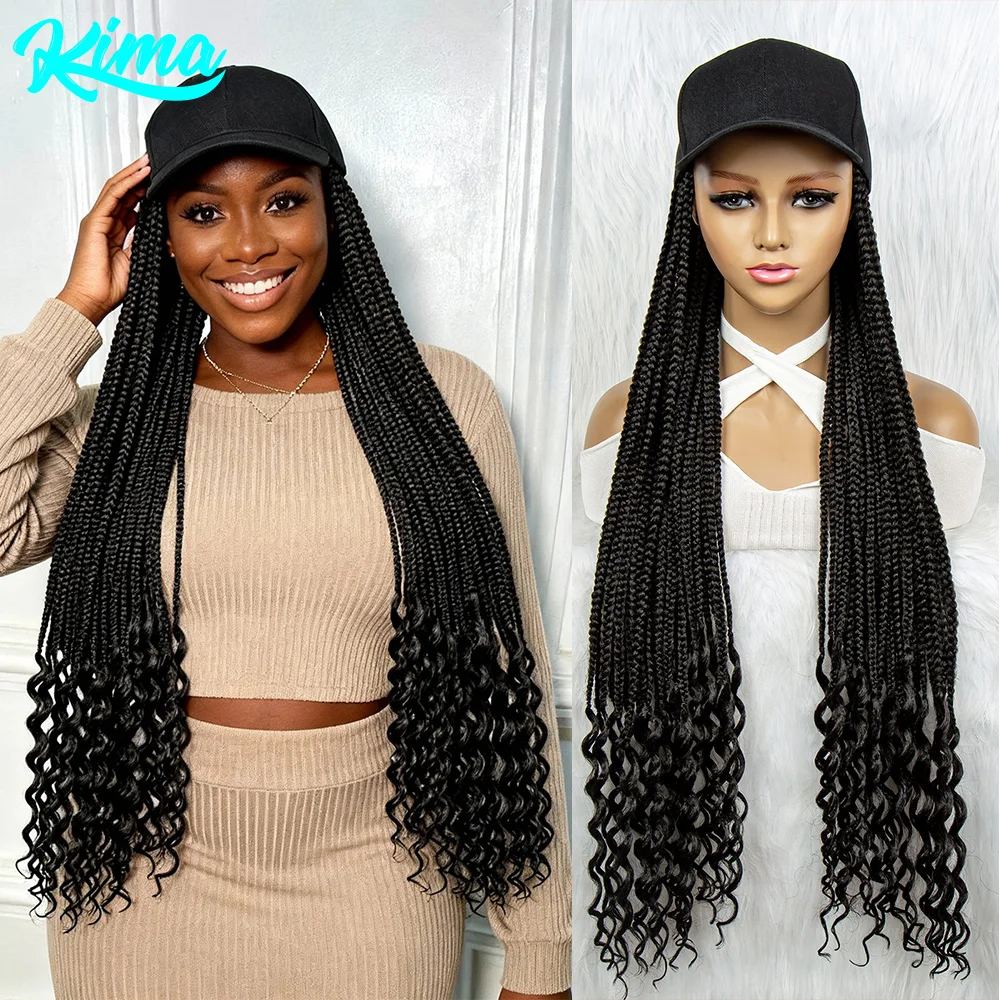 

30-дюймовые плетеные парики из синтетических волос, бейсболка, парик, плетеная коробка, косички, парики для афро-черных женщин, парик с шляпой, регулируемый для девочек