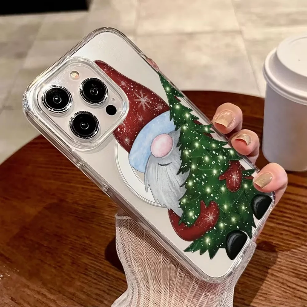 Cute Santa Claus Holding Xmas Tree Clear Acrylic+TPU Phone Case For iPhone 18 17 16 15 14 13 12 11 Pro Max Plus XR Magsafe Cover - view 5