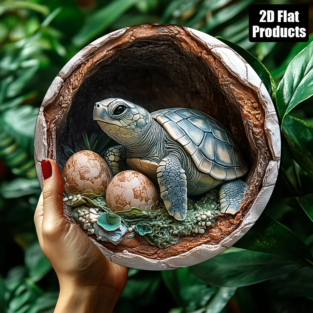 2D Metal Sign Round Aluminum Turtle Wall Art Decor 8x8 Inch for Home Bar Cafe Office Indoor Outdoor Gift