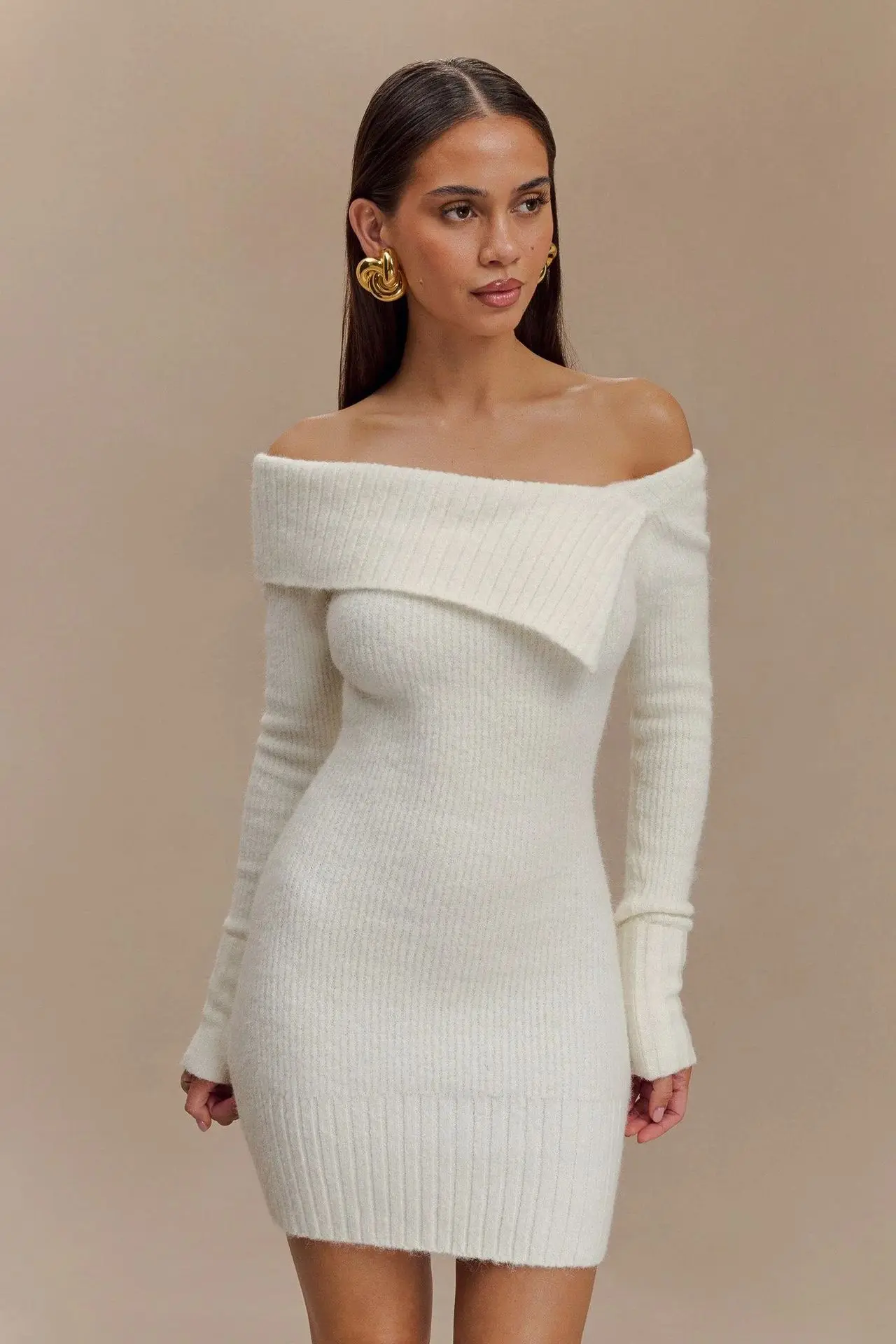 

SKMY 2025 Winter New Bodycon Dress Women Clothing Sexy Party Off The Shoulder Long Sleeve Knitted Short Dresses Solid Color