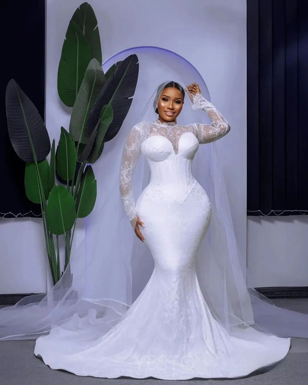 تخصيص زائد حجم فستان الزفاف حورية البحر للعروس انفصال قطار فساتين الزفاف الأفريقية عالية مطرز الدانتيل الأكمام الطويلة #4