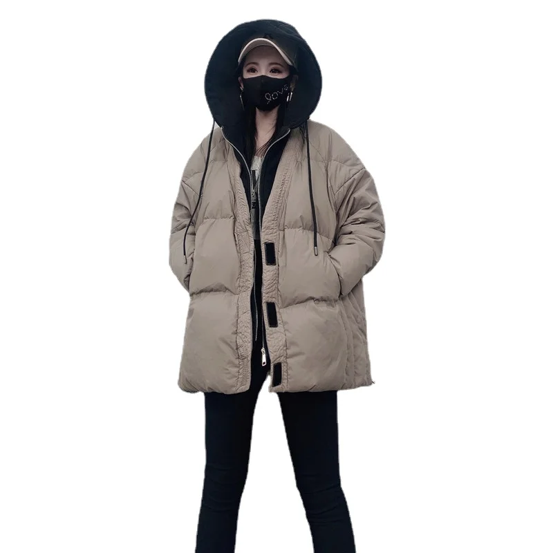 

2023 New Winter Down Coat Women Jacket Medium Long Fake Two Piece Thickened Sweater Hat White Duck Down Parka Student Warm Coat