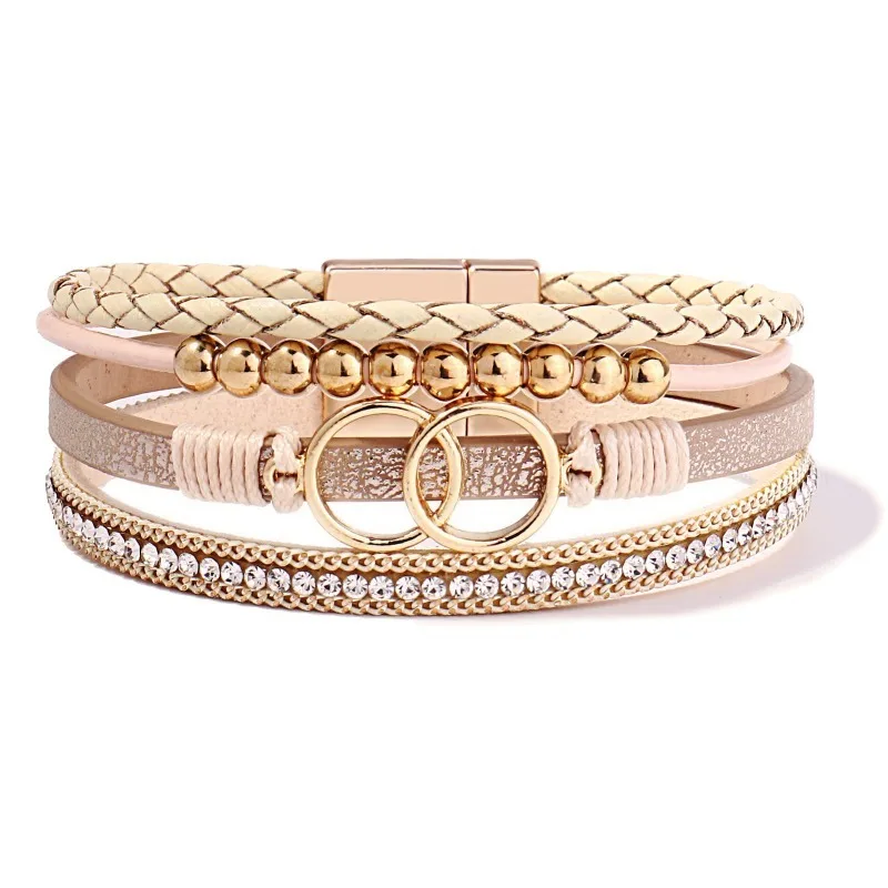 Multilayer Leather Wrap Bracelet Magnetic Buckle Zircon Bracelets Boho Handmade Weaving Women Fashion Versatile Bracelet