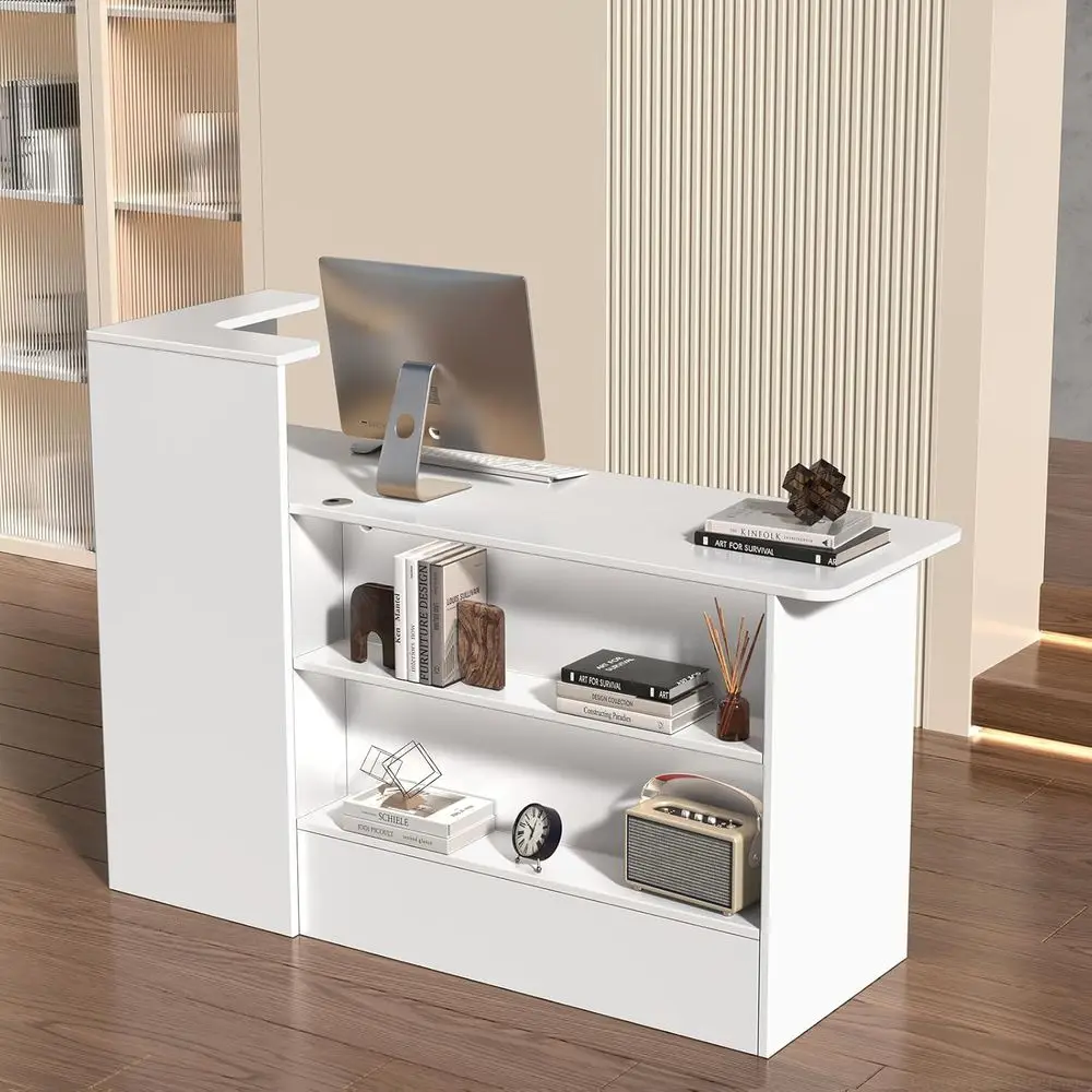 

Reception Desk with Counter - Small Office Counter with Storage Shelves, Drawer & LED Light, for Office, Salon, Store (White, 47