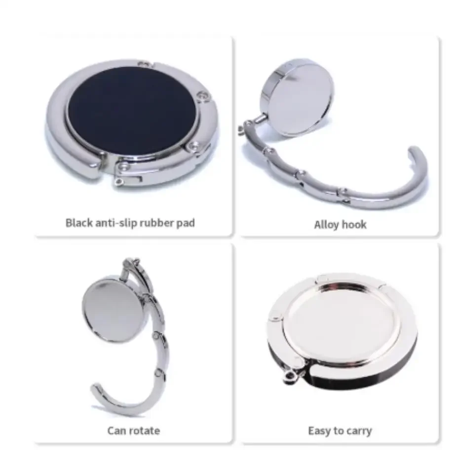 Compact foldable edge hook for bags, lightweight zinc alloy construction, single-hook design, secure tabletop attachment, versat