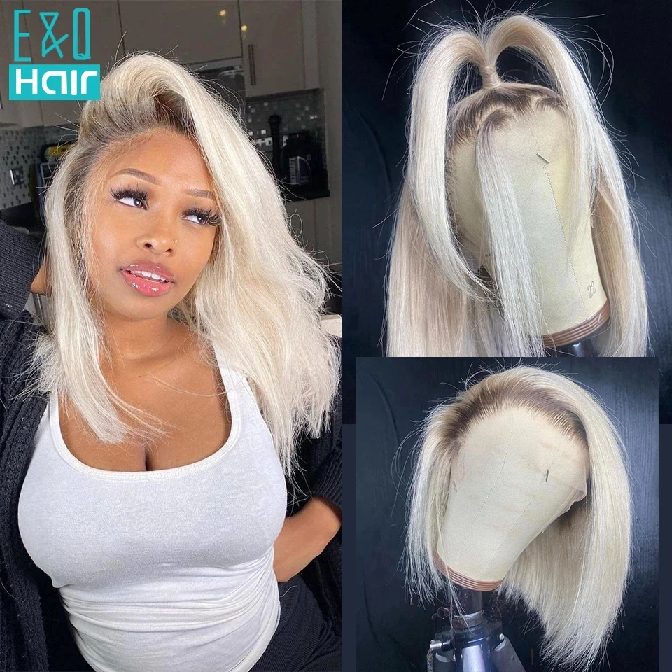 #4/60 White Colored Short Bob Human Hair Wigs HD Lace Frontal Human Hair Wigs Straight Lace Front Wig Remy Honey Blonde Wig180%