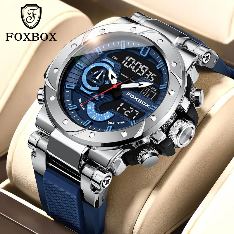 FOXBOX Fashion Men Watch Luxury Quartz Digital Analog Watches Sport Military 50M Waterproof Alarm Clock LED Wristwatch for Men