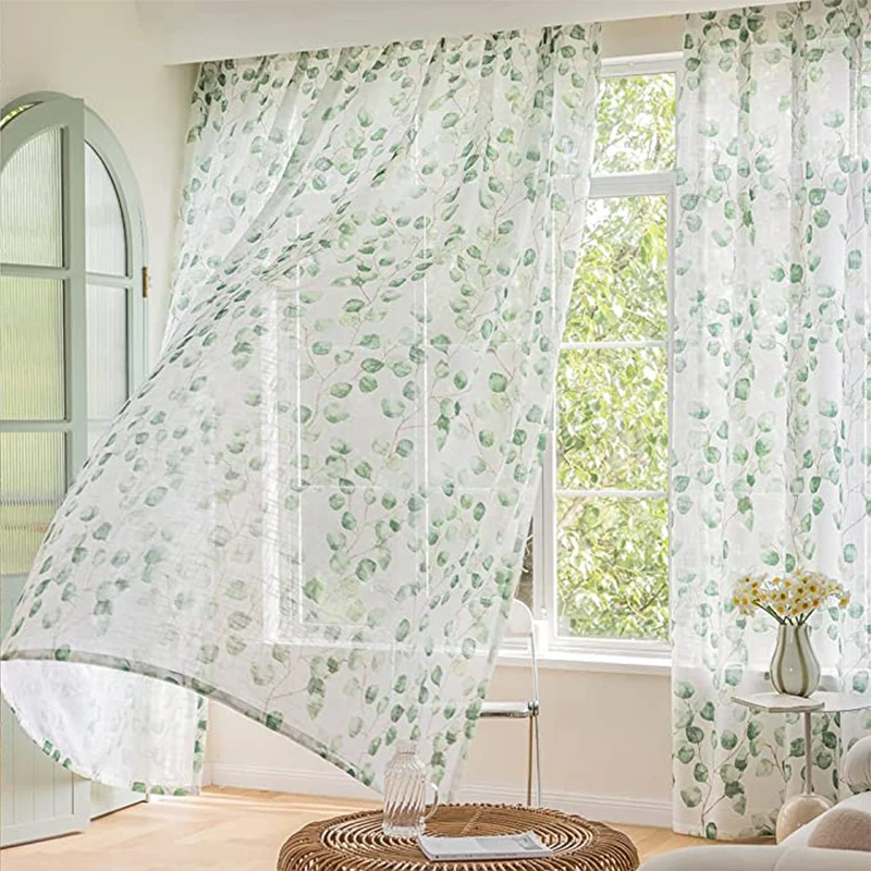 2 Panles Modern Bodhi Leaf Printed Polyester Rod Gauze Curtain For Living Room, Bedroom, Kitchen, And Curtain Decoration