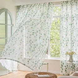 2 Panles Modern Bodhi Leaf Printed Polyester Rod Gauze Curtain For Living Room, Bedroom, Kitchen, And Curtain Decoration