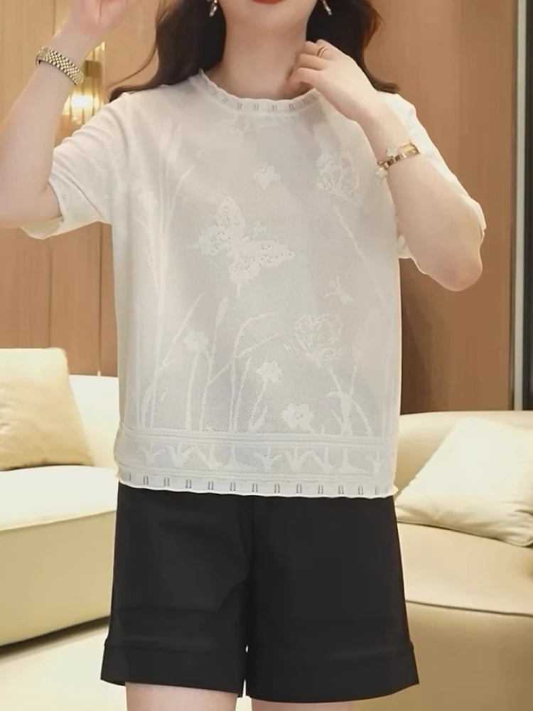 

Embroidered Ice Silk Knitted Top ort Sve Casual Commute Sle Slimming Base Layer Simple Overhead Summer irt