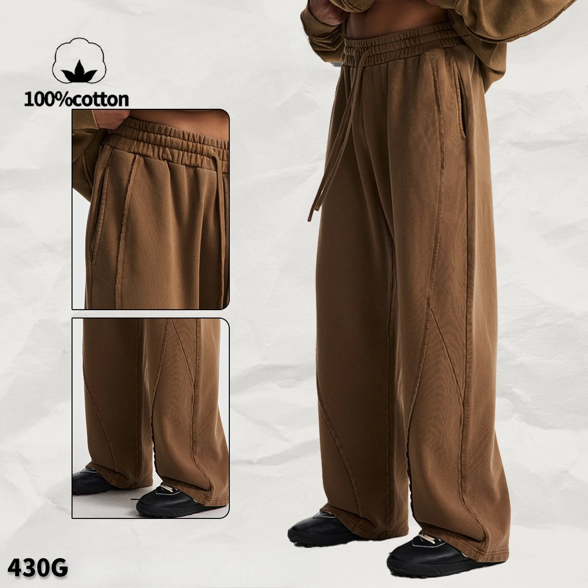 بنطال مستقيم الساق للرجال |   2025 AW وصول جديد مع حاشية متوترة، تصميم بألواح، تأثير متعثر ومغسول للجنسين