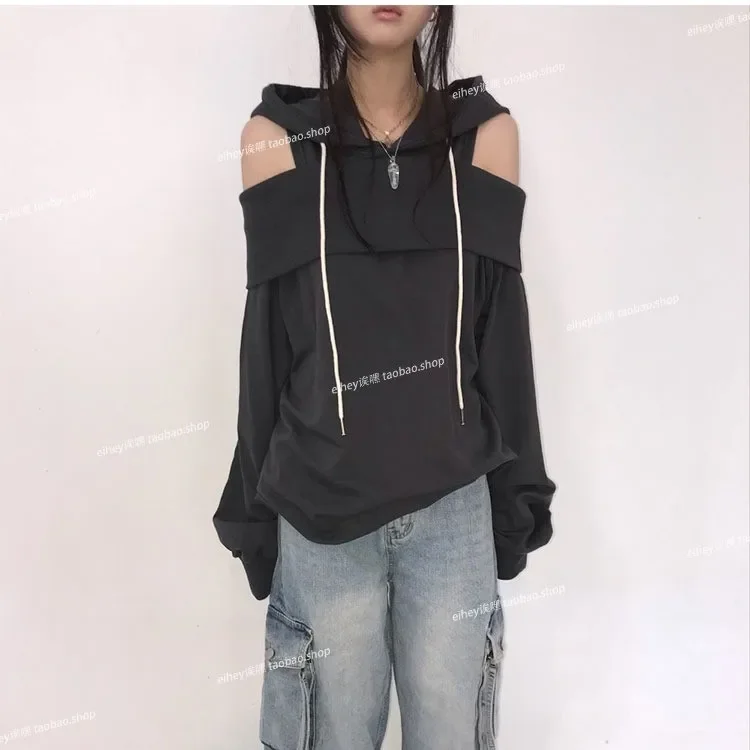 American Retro Hollow Out Hoodie Plus Size Women Korean Tops Off Shoulder Sexy Casual Hooded Black White Sweatshirt Pullovers