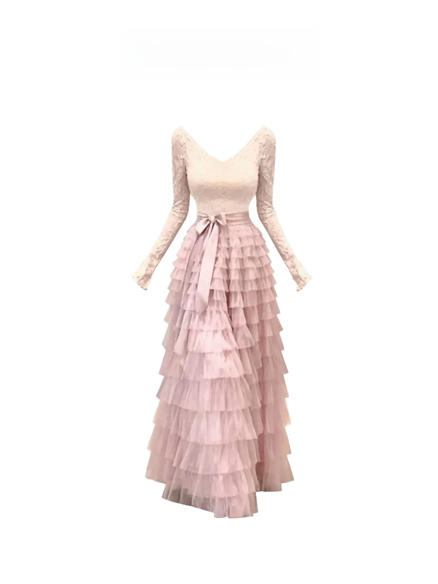

Elegant Women's Long Dress Gentle Ties Waist in And out Splicing Cake Style Autumn Winter Thickened Polyester Fiber V-neck