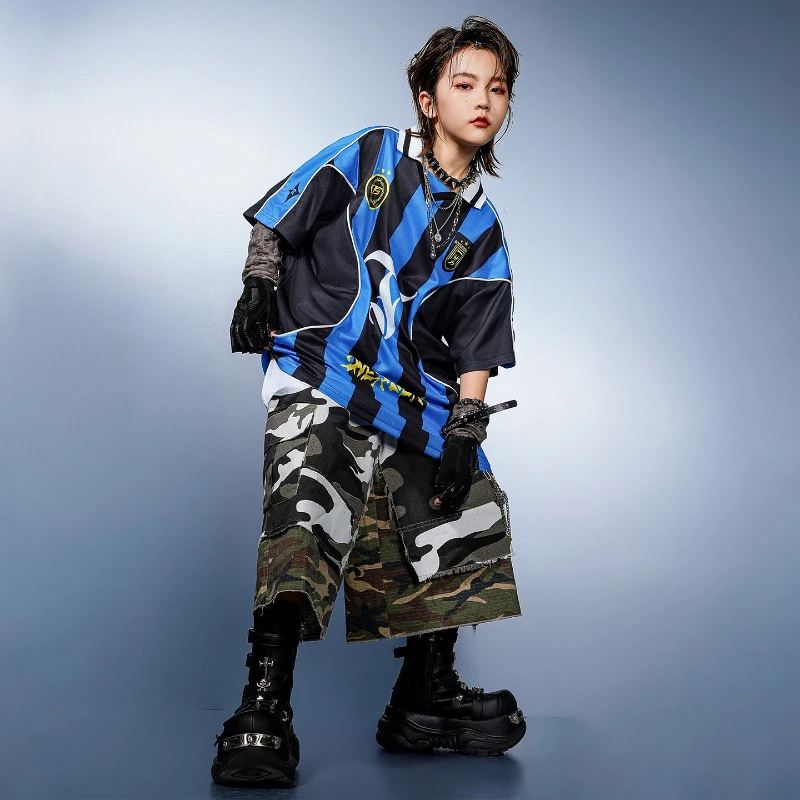 Vêtements de danse de rue Hip Hop pour garçons, t-shirts amples à rayures, short camouflage Hip Hop, Streetwear, Costumes de danse Jazz de groupe, vêtements de scène