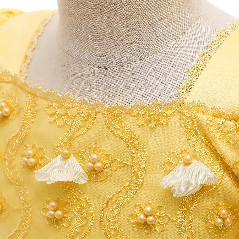 Robe de Princesse en Maille Jaune pour Fille, Bouffante, en Dentelle, Costume de la Belle et la Bête, Vêtements d'Halloween