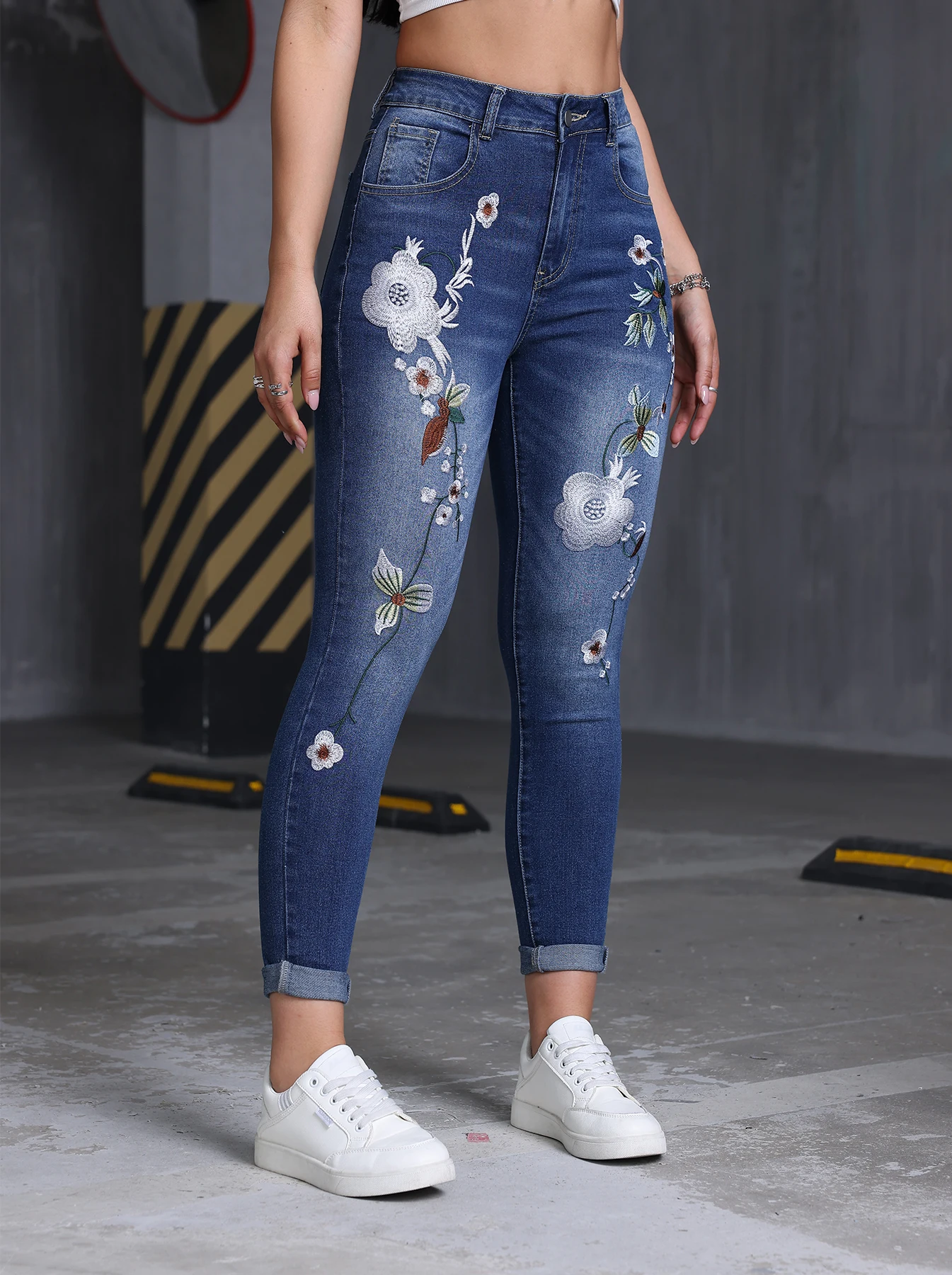 Y2k Jeans For Woman High Waisted Floral Embroidery Skinny Stretch Denim Trousers Slim Fit Ankle Length Elegant Female Pants