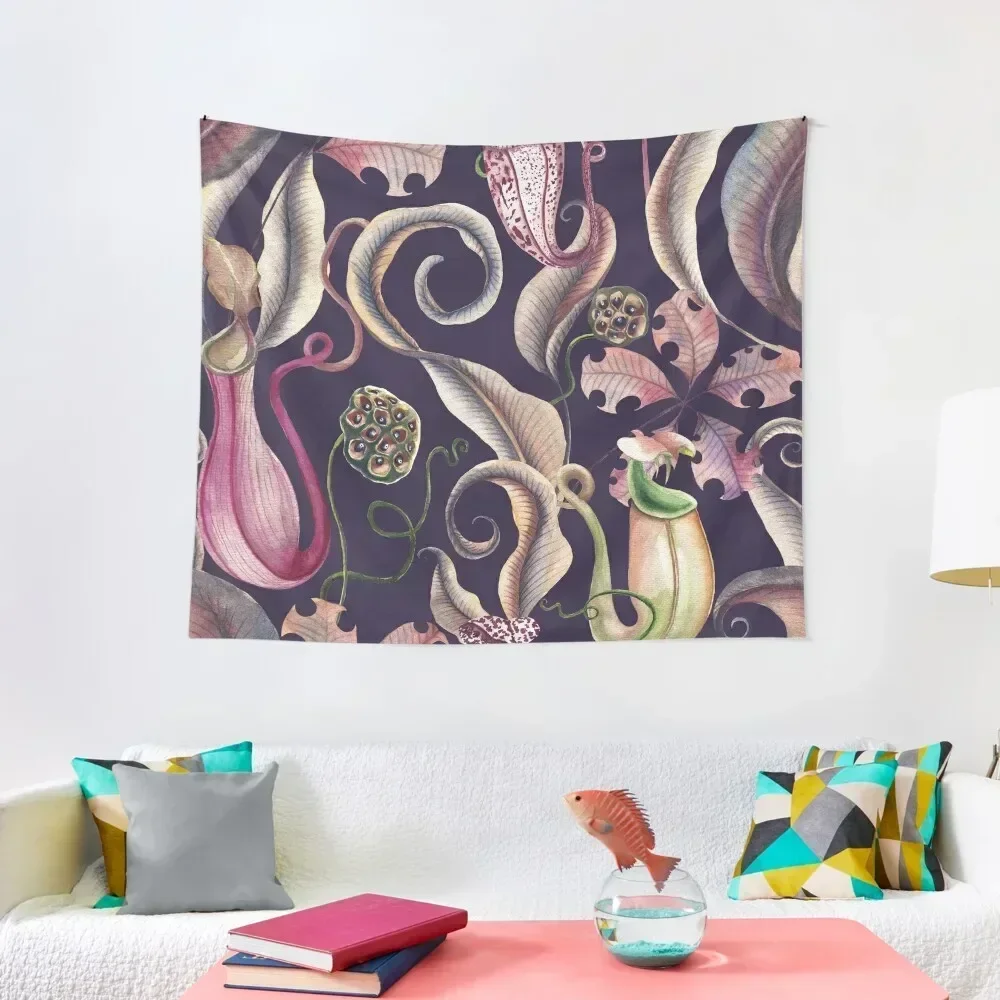 

Carnivorous fantasy plants on dark background. Exotic tropical flowers watercolor. Tapestry Home Decor Accessories Tapestry